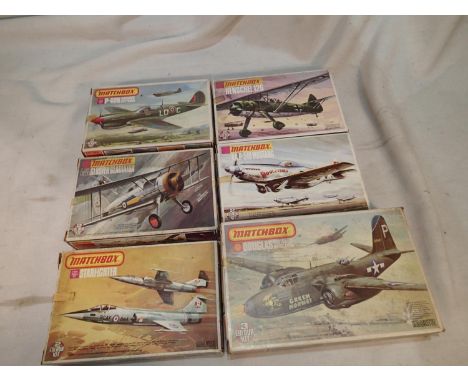 Six 1/72 scale Matchbox aircraft kits, Starfighter, Douglas Boston, Mustang Gloster Gladiator, Henschel 126, and P40 Warhawk,