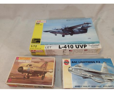 Three 1/72 scale aircraft kits, Matchbox MiG 21, Airfix Lightning F3, and AS Models Turbolet, each box has two kits of same a
