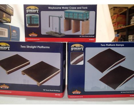 Three Bachmann scene crafts, two straight platforms, two ramps, and Weybourne water crane and tank, as new, ex shop stock. UK