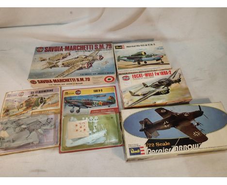 Six 1/72 scale aircraft kits, Revell: Dornier Arrow and Heinkel 162, Airfix: Marchetti, FW189, Boomerang, and YAK 9-D, appear
