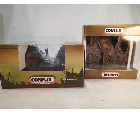 Two Bachmann Conflix cast buildings, PKCX6502 Ruined Village House, and PKCX6507 Kursk Ruins Winter, all as new, ex shop stoc