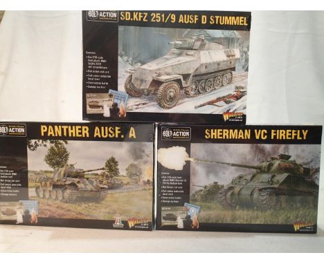 Three 1/56 scale military Wargaming vehicle kits, Bolt Action/Warlord Games, Panther, Stummel and Sherman Firefly, sealed, ex