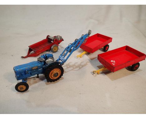 Corgi Toys Fordson power major with plough, plus three Dinky Toys trailers, fair to good condition, unboxed. UK P&amp;P Group