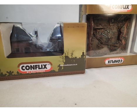 Two Bachmann Conflix cast buildings, PKCX6502 Ruined Village House, and PKCX6506A Stalingrad Ruins, as new, ex shop stock. UK