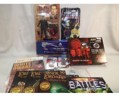 Three Star Trek card and dice games and a carded Wesley figure from Buffy the Vampire Slayer. UK P&amp;P Group 1 (£16+VAT for