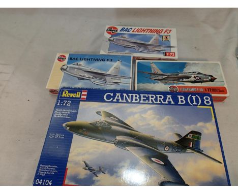 Four 1/72 scale aircraft kits, Revell Canberra and three Airfix Lightening, all appear complete, unchecked. UK P&amp;P Group 
