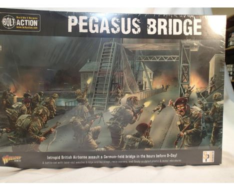 Bolt Action/Warlord Games Pegasus Bridge set, comprising bridge, scenery, plastic and metal figures, sealed, ex shop stock. U