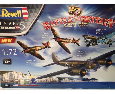 Revell 1/72 scale Battle of Britain five kit gift set, missing Spitfire kit, other kits in sealed bags with instructions and 