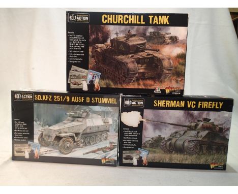 Three 1/56 scale military Wargaming vehicle kits, Bolt Action/Warlord Games, Sherman Firefly, Churchill tank, both open but a