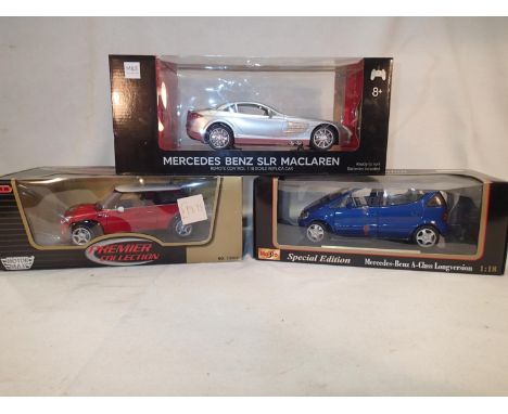 Three 1/18 scale models, Maisto Mercedes Benz A-Class Long version, Premiere Collection #73100, and a M&amp;S Collection R.C 