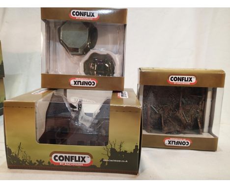 Three Bachmann Conflix cast buildings, PKCX6502 Ruined Village house, PKCX6501 Fill Box and Dug Out, PKCX6507 Kursk Ruins Win