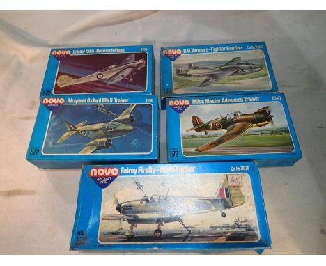 Five 1/72 scale Novo aircraft kits Fairey Firefly, Miles Master Trainer, DH Vampire, Airspeed Oxford Trainer and Bristol 138A