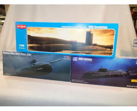 Three 1/350 scale submarine kits, Trumpeter HMS Astute, Hobby Boss Russian Yassen class, and Mikrmir HMS Resolution, all appe