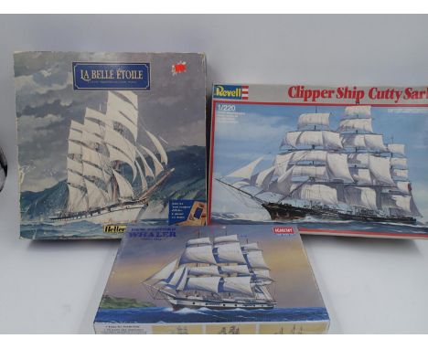 Three ship kits, including an Academy Whaler, Heller La Belle Etoile and a Revell Cutty Sark. UK P&amp;P Group 2 (£20+VAT for