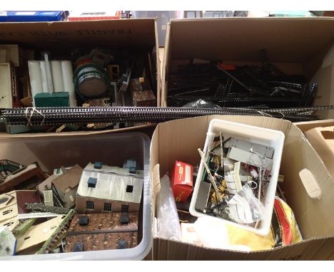 OO scale, quantity of model railway buildings, accessories etc, station, tunnels, plus quantity of track, set track and flexi