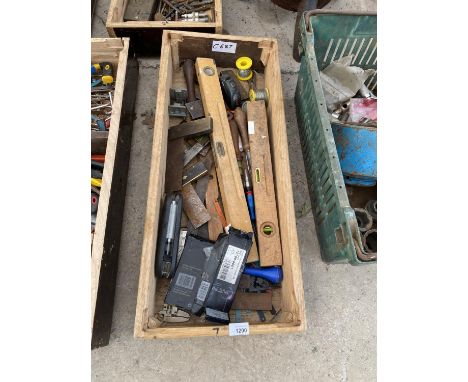 A WOODEN BOX OF VARIOUS TOOLS 