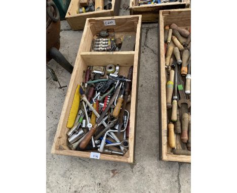 A WOODEN BOX OF VARIOUS TOOLS 