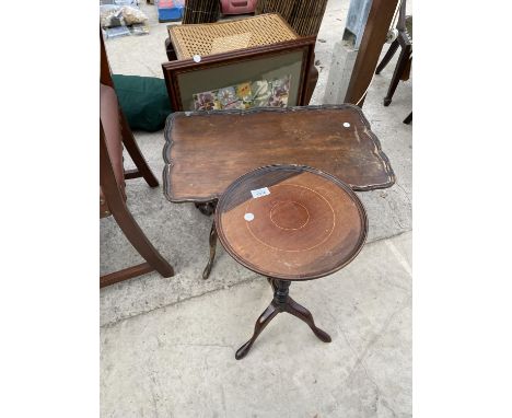 A MAHOGANY WINE TABLE, MAHOGANY COFFEE TABLE, TAPESTRY FIRE SCREEN AND MAHOGANY STOOL WITH WOVEN SEAT 