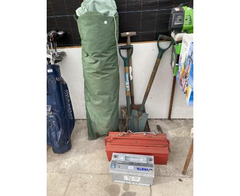 A TENT, GARDEN TOOLS, TOOL BOX, BATTERY ETC 