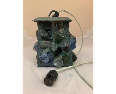 A 1960'S GLASS AND IRON OUTSIDE LIGHT 