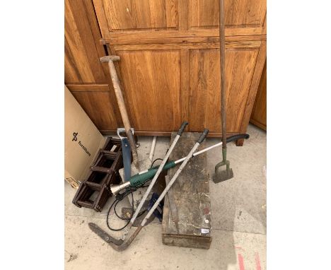 GARDEN TOOLS, A WOODEN BOX, TWO WINE RACKS ETC 