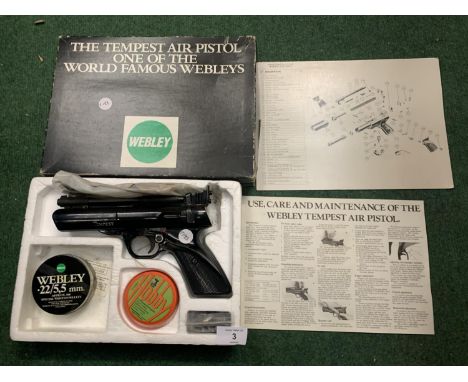 A WEBLEY TEMPEST AIR PISTOL .177 AND .22 IN ORIGINAL BOX WITH INSTRUCTION MANUAL INCLUDING AMMUNITION AND A SPARE BARREL 18CM