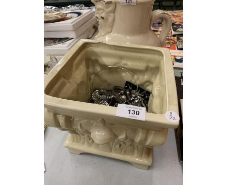 A LARGE CERAMIC PLANT POT CONTAINING WHITE METAL COSTUME JEWELLERY 