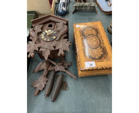 AN INLAID JEWELLERY BOX TOGETHER WITH WOODEN CUCKOO CLOCK 