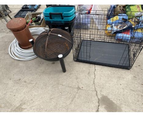 A DOG CAGE, FIRE PIT, TERRACOTTA CHIMNEY POT, PLUMBING PIPE AND SHOPPING BASKETS 