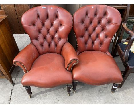 TWO BUTTON BACK LEATHER PARLOUR CHAIRS 