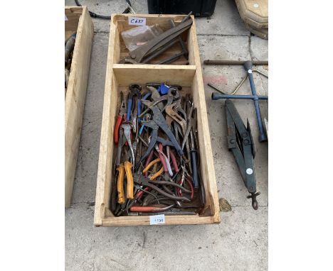 A WOODEN BOX OF VARIOUS TOOLS 