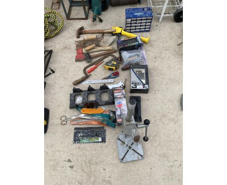 VARIOUS TOOLS - HAMMERS, AXE, DRILL STAND ETC 