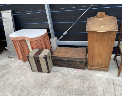 A VICTORIAN PINE LINEN CHEST WITH HINGED LID, TIN TRUNK, CARRY CASE AND KIDNEY SHAPED DRESSING TABLE 