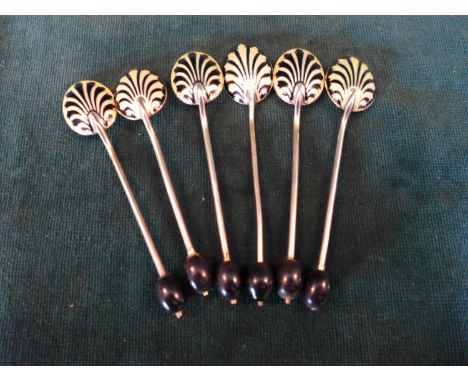 A SET OF SIX SILVER GILT AND ENAMEL 1925 BIRMINGHAM COFFEE BEAN SPOONS - MAKER HENRY CLIFFORD DAVIS, GROSS WEIGHT 1.5 oz APPR