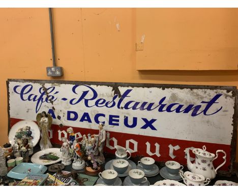 A VINTAGE ENAMEL FRENCH RESTAURANT SIGN 'CAFE RESTAURANT A. DACEUX KRONENBOURG' 200CM X 60CM 
