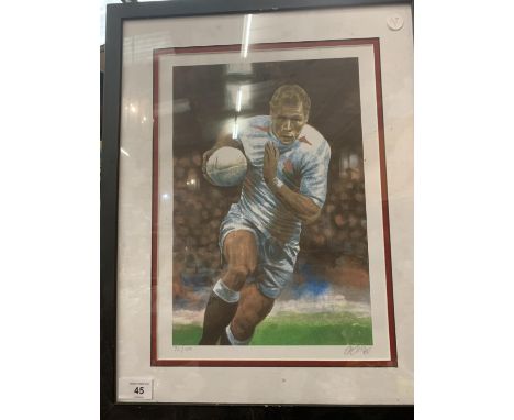A LIMITED EDITION 76/100 FRAMED PRINT OF ENGLISH RUGBY PLAYER JONNY WILKINSON COA ON REVERSE OF PICTURE 