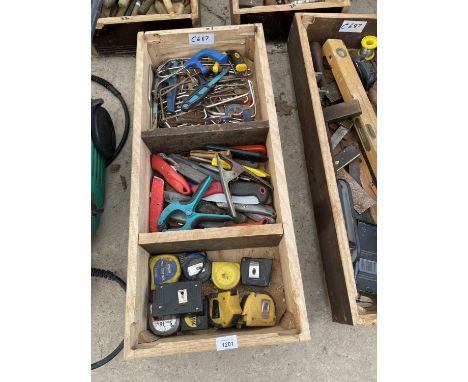 A WOODEN BOX OF VARIOUS TOOLS 