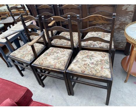 FOUR OAK LADDER BACK DINING CHAIRS AND TWO CARVERS 