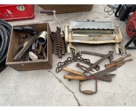 A VINTAGE MANGLE, SUSPENDED CLOTHES AIRER, TOOLS ETC 