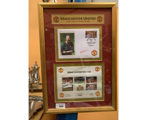 A FRAMED SET OF SIX OFFICIAL COMMEMORATIVE STAMPS ISSUED TO CELEBRATE MANCHESTER UNITED'S TREBLE VICTORY IN THE 1998/1999 SEA