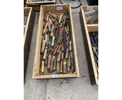 A WOODEN BOX OF VARIOUS TOOLS 