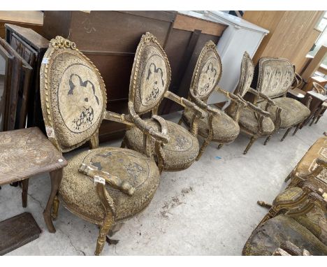 A NINETEENTH CENTURY GILDED SOFA AND FOUR MATCHING ARM CHAIRS (FOR RESTORATION) 