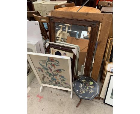 VARIOUS ITEMS TO INCLUDE A SMALL ORIENTAL STYLE TABLE, FIRE SCREEN, PICTURES AND WOODEN FRAMED MIRRORS 