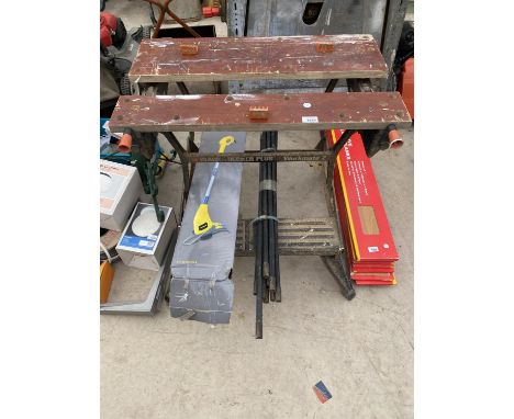 A WORKMATE BENCH, DRAINING RODS AND ELECTRIC STRIMMER 