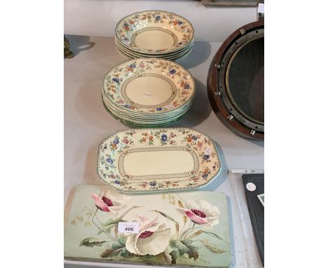 A COLLECTION OF SPODE ROYAL JASMINE TO INCLUDE SIX PLATES, DISHES AND CAKE PLATE AND A HAND PAINTED LARGE TILE SIGNED GEORGE 