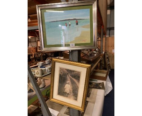 TWO FRAMED PICTURES ONE A BEACH SCENE WATERCOLOUR SIGNED R J MURPHY 