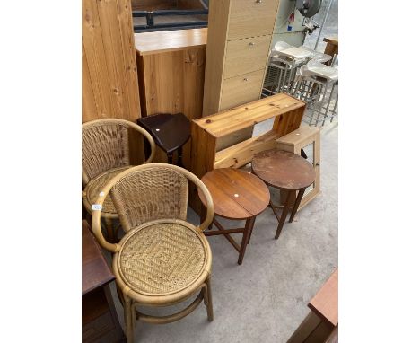 A PAIR OF BAMBOO CHAIRS, A CORNER TABLE, TWO SMALL DROP LEAF LAMP TABLES, SHOT CITY MIRRORED CABINET AND PINE SHELVES 