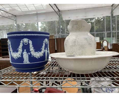 A LARGE JASPERWARE PLANT POT AND A CERAMIC BOWL AND JUG 
