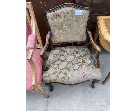 A BENTWOOD OPEN ARMCHAIR WITH TAPESTRY FRONT AND BACK 