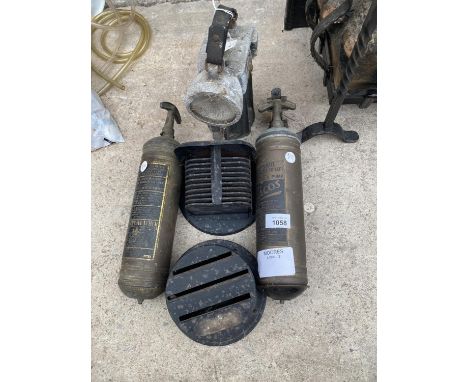 A VINTAGE MINER'S LAMP, TWO BRASS FIRE EXTINGUISHERS ETC 